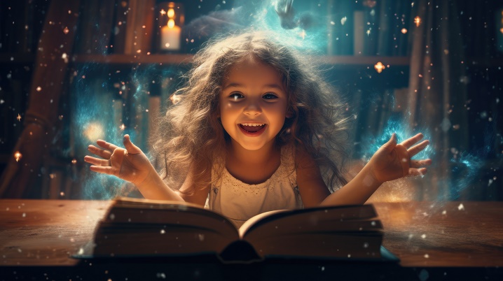 Girl excited with an opened magical book with wave of astral magical elements flowing out. Generative AI image weber.